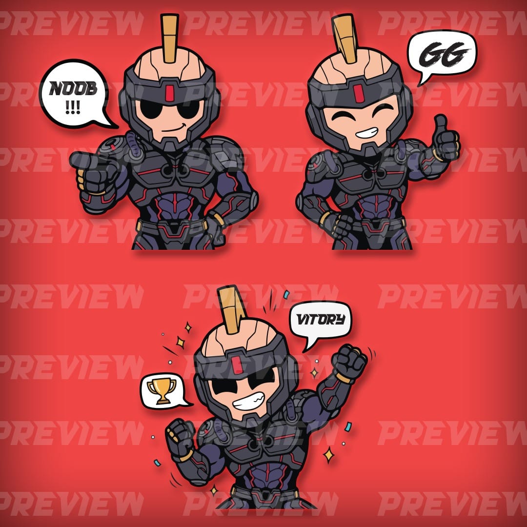 Armored hero character emote set — Noob, GG, Victory