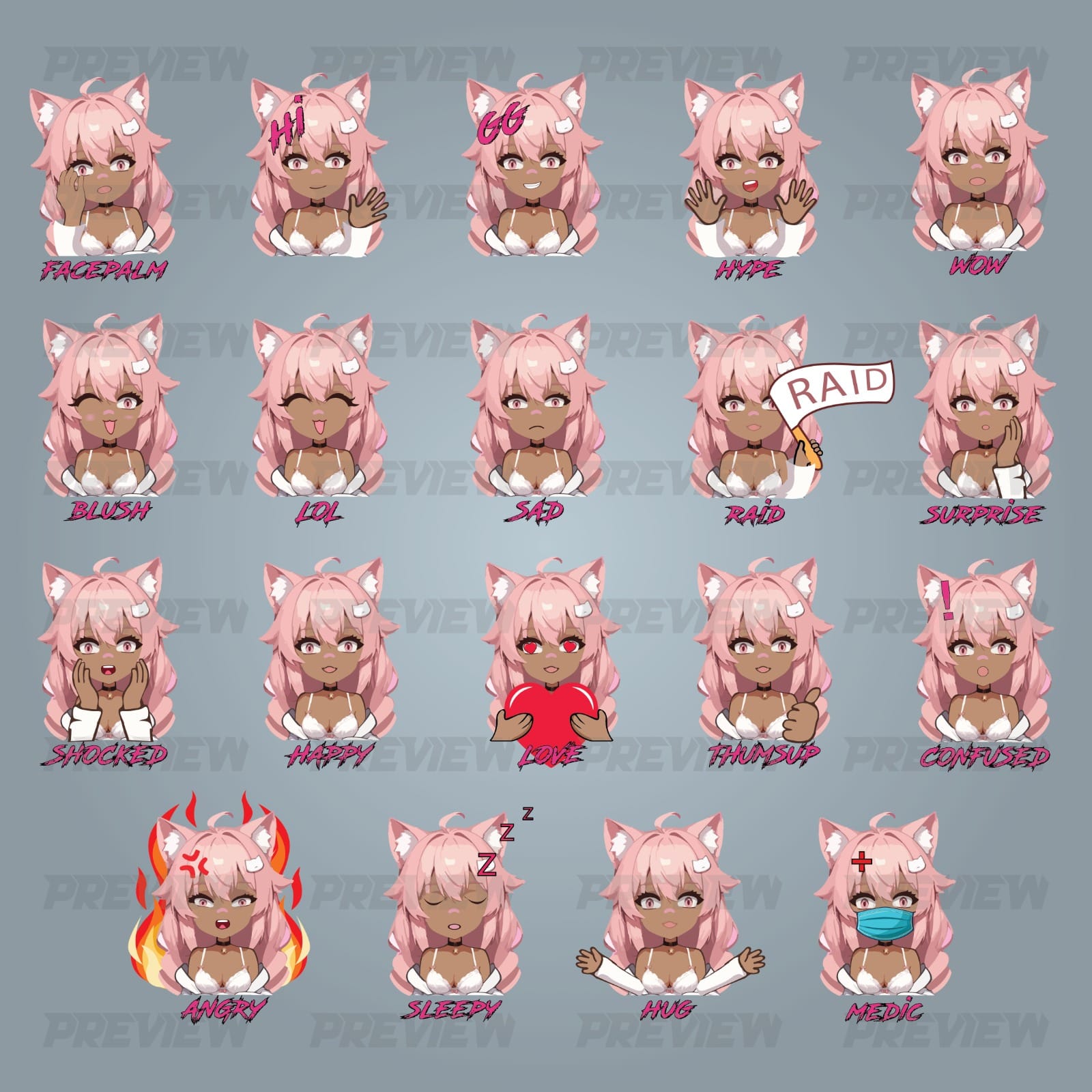 Pink-haired catgirl Vtuber character emote set — Facepalm, Hi, GG, Hype, Wow, Blush, LOL, Sad, Raid, Surprise, Shocked, Happy, Love, Thumbsup, Confused, Angry, Sleepy, Hug, Medic