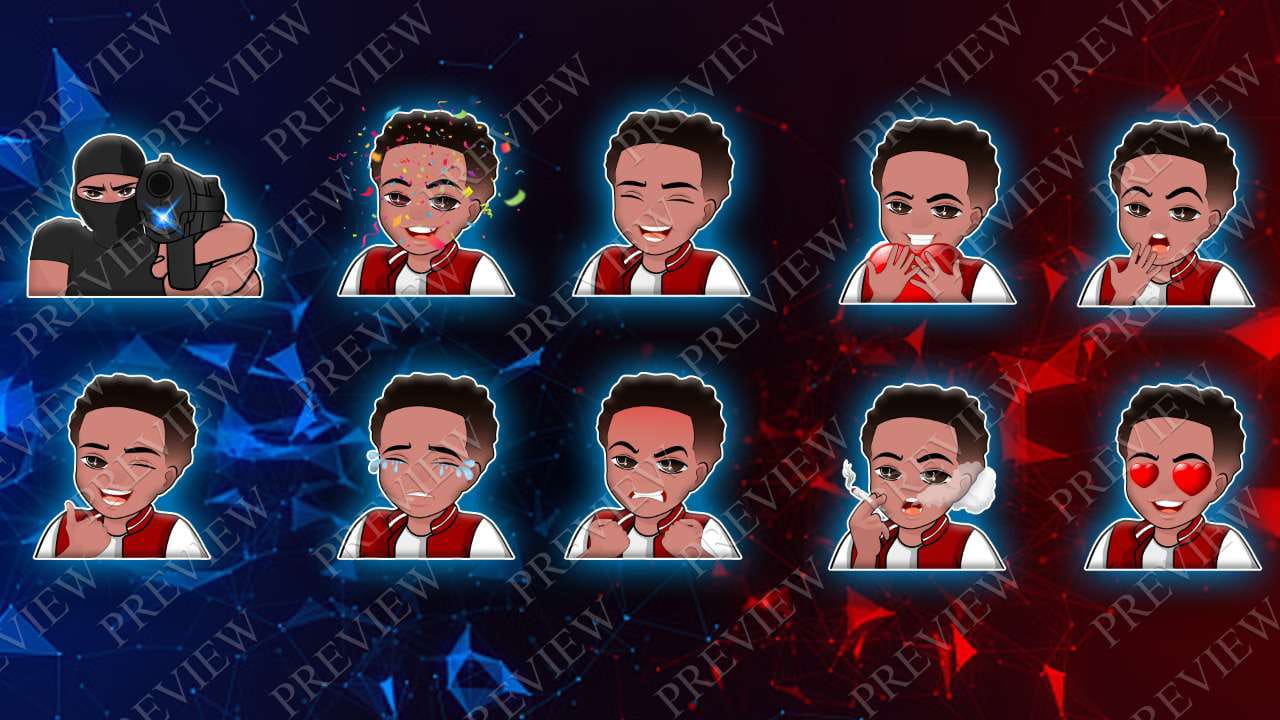 Streetwear chibi character emote set — masked gunner, party, laugh, blush, smoking, wink, cry, angry, heart eyes