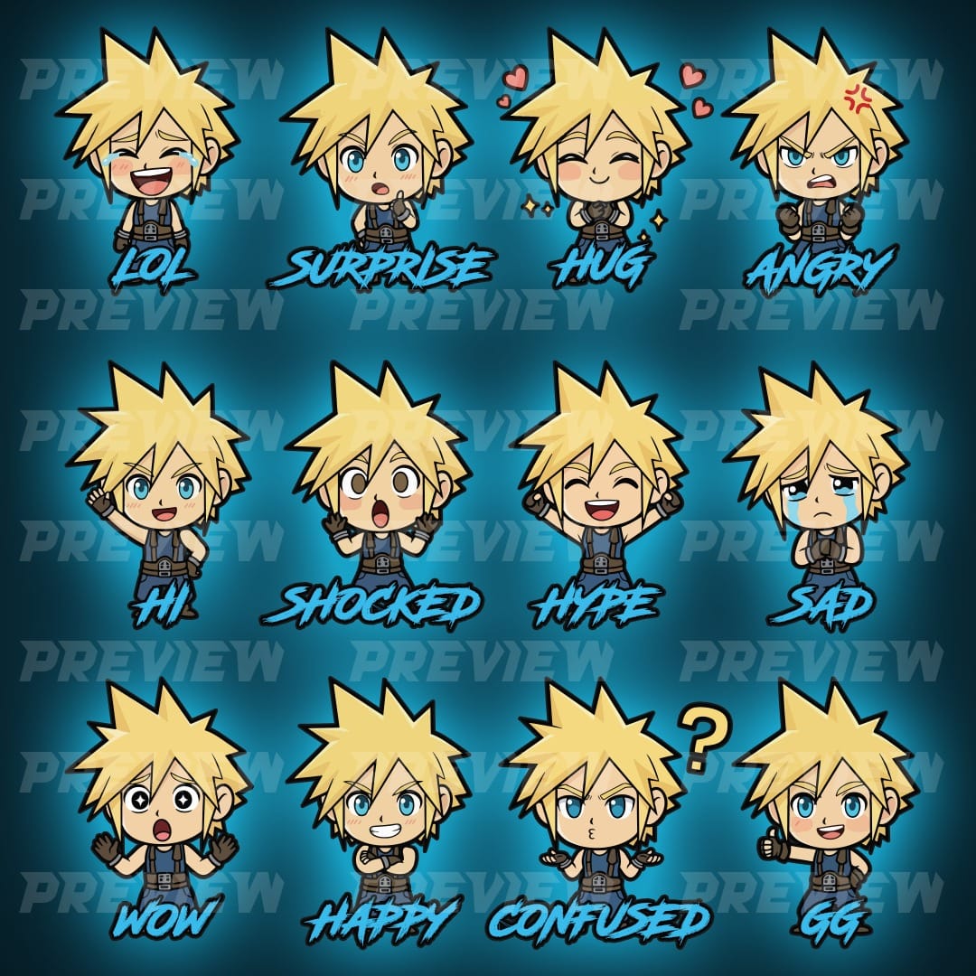Spiky blonde chibi swordsman character emote set — LOL, Surprise, Hug, Angry, Hi, Shocked, Hype, Sad, Wow, Happy, Confused, GG