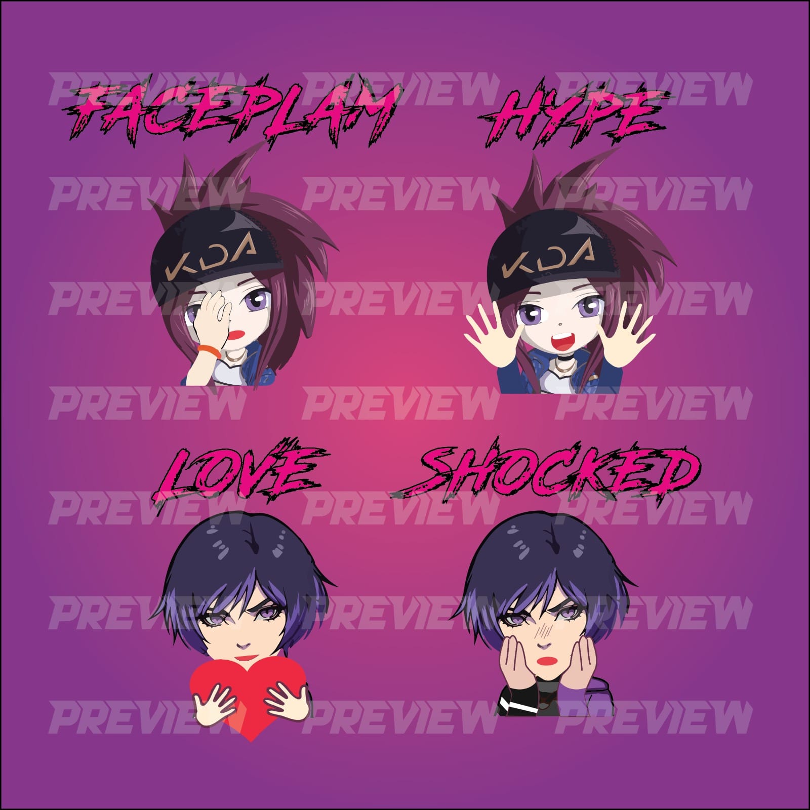 KDA anime character emote set — Faceplam, Hype, Love, Shocked