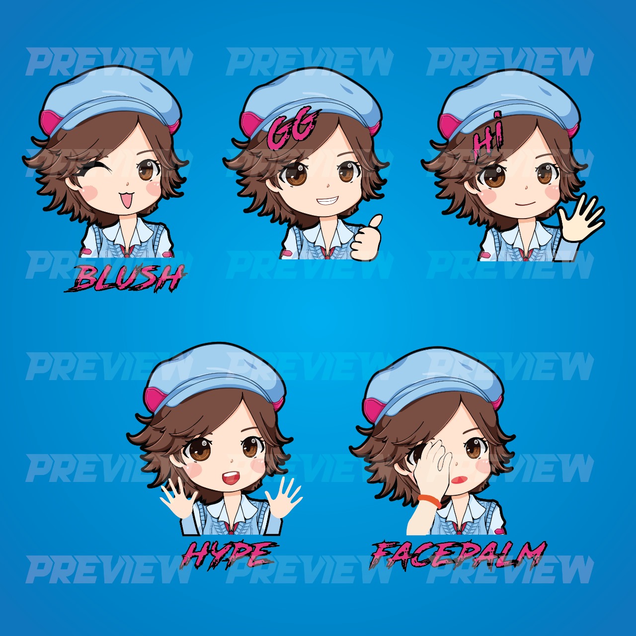 Cute girl character emote set — Blush, GG, Hi, Hype, Facepalm