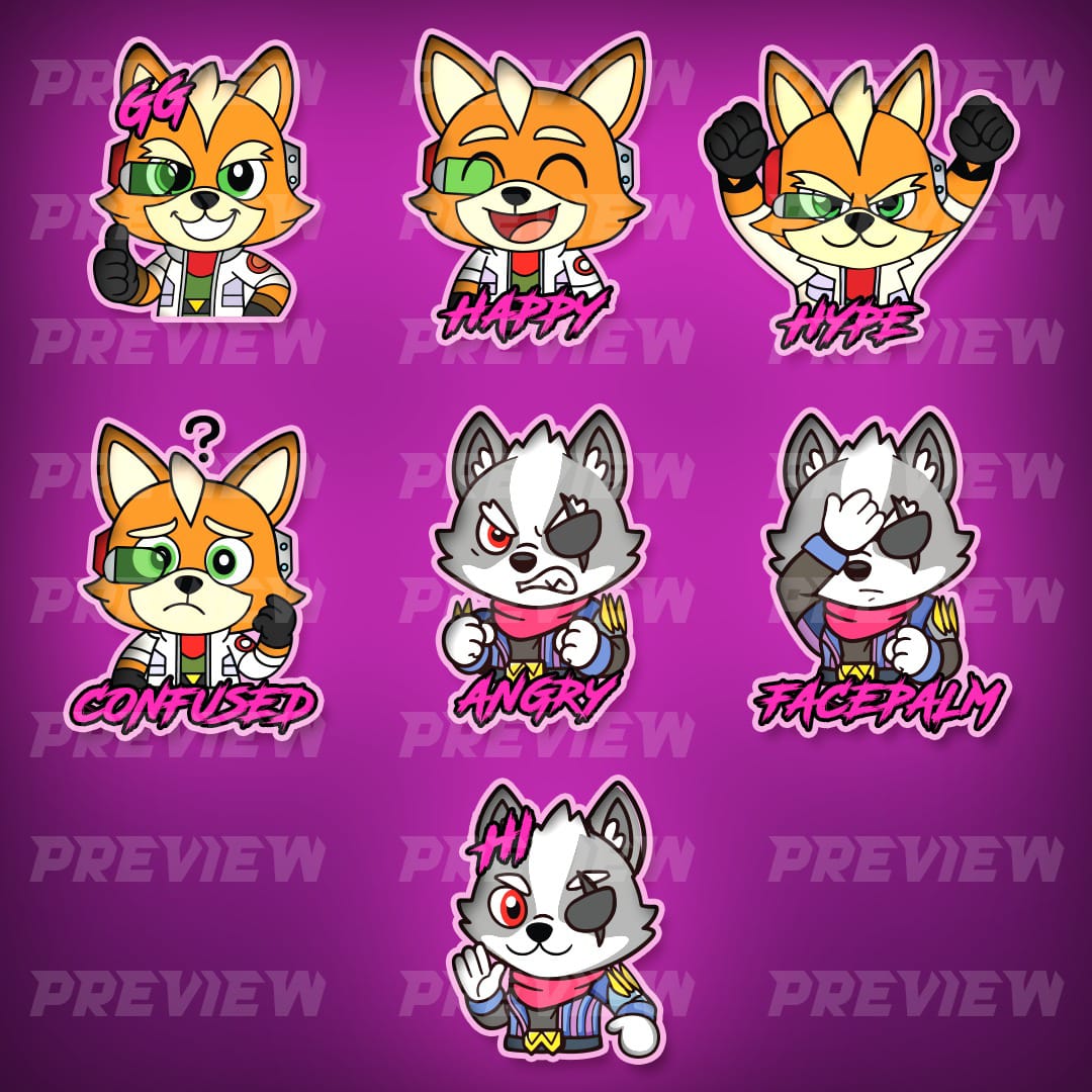 Fox and wolf furry character emote set — GG, Happy, Hype, Confused, Angry, Facepalm, Hi