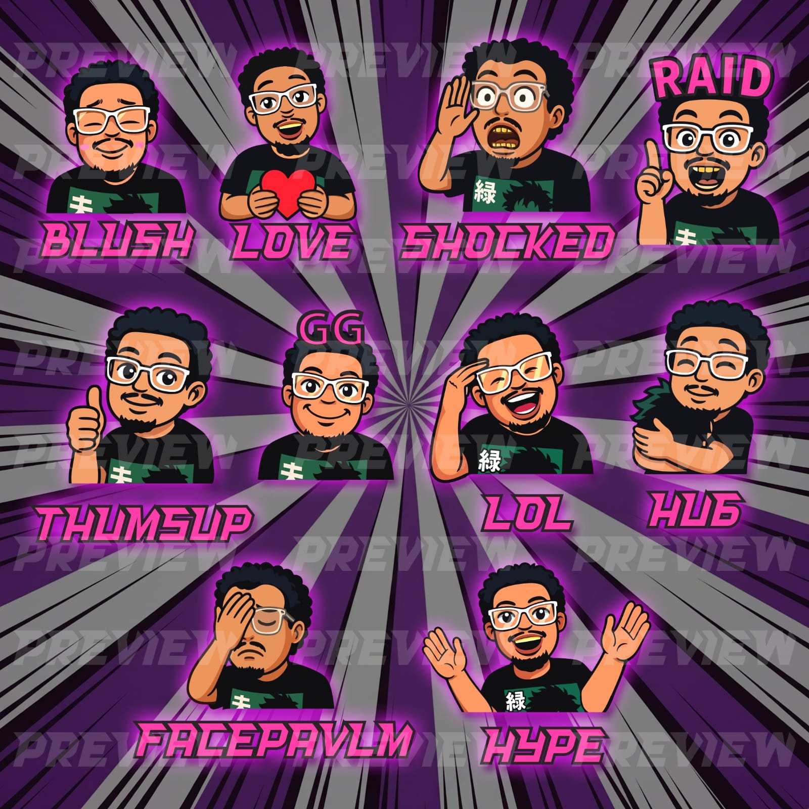 Bearded streamer character emote set — Blush, Love, Shocked, Raid, Thumbsup, GG, LOL, Hug, Facepalm, Hype